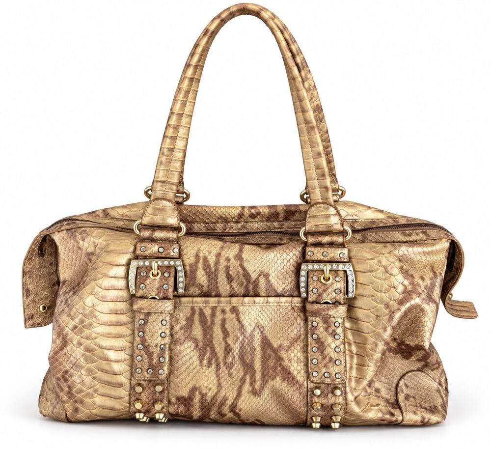 Kathy Van Zeeland Metallic Gold Snakeskin Satchel Handbag Rhinestone Studded Y2K